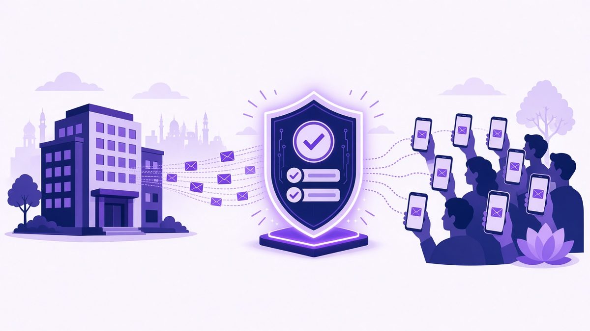 Illustration of bulk SMS passing through DLT registration and template approval before reaching customers in India