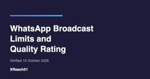 Dark indigo title card reading WhatsApp Broadcast Limits and Quality Rating, with a violet-to-cyan accent bar and the XReach51 wordmark.
