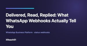 Dark violet title card reading: Delivered, Read, Replied — What WhatsApp Webhooks Actually Tell You, with the XReach51 wordmark.